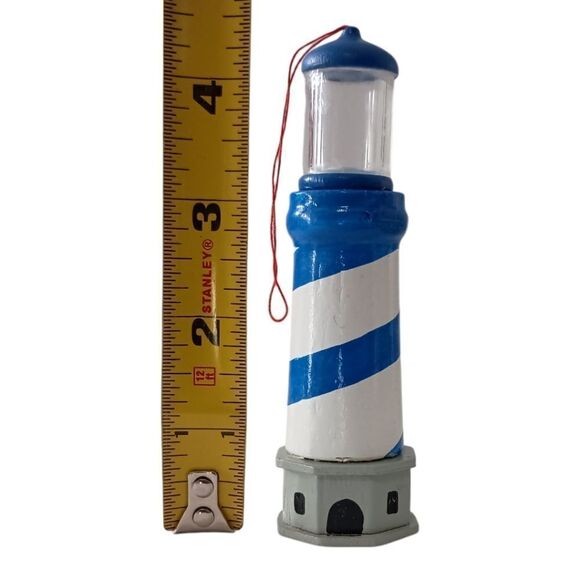 Wooden Lighthouse Christmas Ornament Blue White Midwest Cannon Falls Coastal - Picture 2 of 16